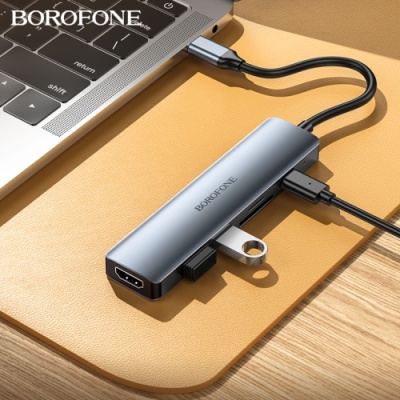 usb hub borofone dh15 6-in-1 type-c to hdmi+pd+usb3.0+usb2.0+sd+tf(l=0.15m) (сiрий) 