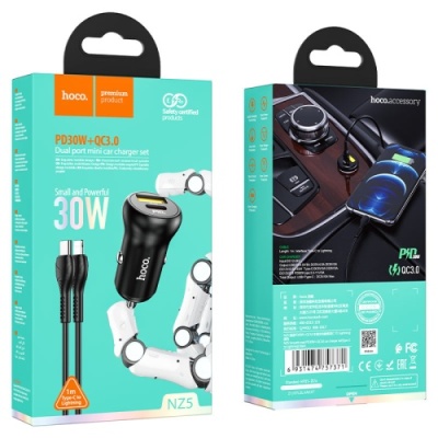 Автомобільний Зарядний Пристрій Hoco NZ5 Smooth road 1USB/30W/QC3.0 + 1Type-C/30W/PD + (Type-C - Lightning) (Чорний)