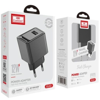 мережевий зарядний пристрій earldom es-eu43m 1usb/2.4a/12w + (usb - micro) (чорний) 