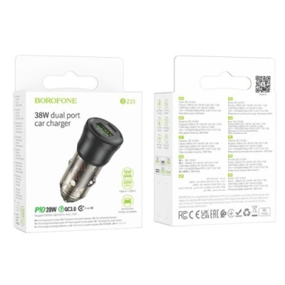 Автомобільний Зарядний Пристрій Borofone BZ25 38W 1USB/18W/QC3.0 + 1Type-C/20W/PD (Прозоро-Чорний)