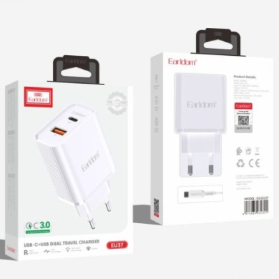 мережевий зарядний пристрій earldom es-eu37c-l 1usb/20w/qc3.0 + 1type-c/20w/pd + (type-c - lightning) (білий) 