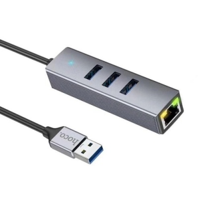 usb hub hoco hb34 easy link gigabit ethernet adapter (usb to usb3.0*3+rj45) 0,15m. metal grey 