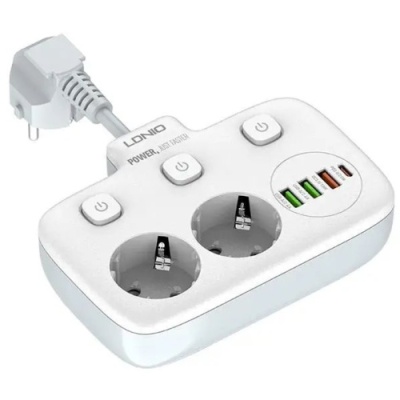 мережевий подовжувач ldnio se2435 2 eu ports /1 pd/1 qc/2 auto id (білий) 