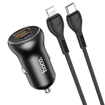 Автомобільний Зарядний Пристрій Hoco NZ5 Smooth road 1USB/30W/QC3.0 + 1Type-C/30W/PD + (Type-C - Lightning) (Чорний)