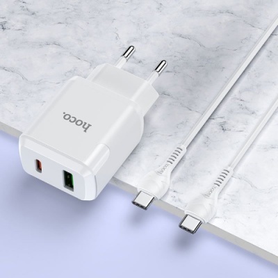 мережевий зарядний пристрій hoco n5 1usb/18w/qc3.0 + 1type-c/20w/pd + (type-c - type-c) (білий) 