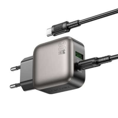 мережевий зарядний пристрій borofone bas55a gan 1usb/20w/qc3.0 + 1type-c/30w/pd + (type-c - type-c) (чорний) 