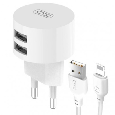 мережевий зарядний пристрій xo l62 2usb/2.4a + (usb - lightning) (білий) 