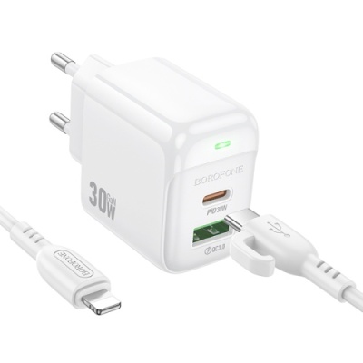 мережевий зарядний пристрій borofone bas45a 1usb/18w/qc3.0 + 1type-c/30w/pd + (type-c - lightning) (білий) 