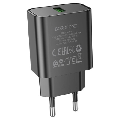 мережевий зарядний пристрій borofone ba72a spring 1usb/18w/qc3.0 (чорний) 