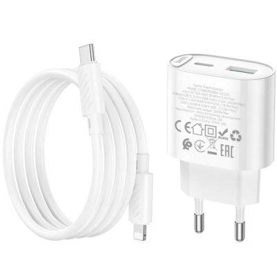 мережевий зарядний пристрій hoco c109a new 1usb/18w/qc3.0 + 1type-c/20w/pd + (type-c - lighting) (білий) 