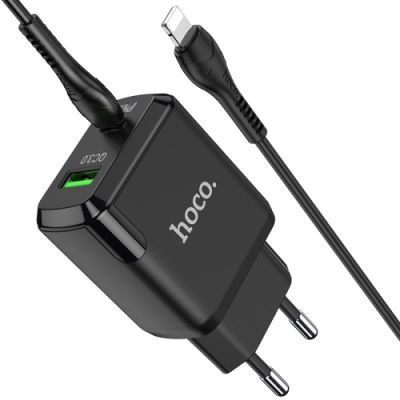 мережевий зарядний пристрій hoco n5 1usb/18w/qc3.0 + 1type-c/20w/pd + (type-c - lightning) (чорний) 