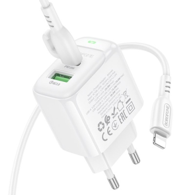 мережевий зарядний пристрій borofone bas44a 1usb/18w/qc3.0 + 1type-c/20w/pd + (type-c - lightning) (білий) 
