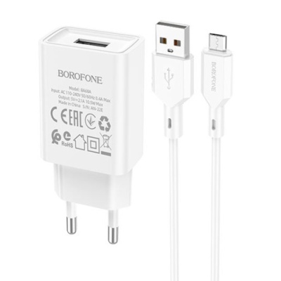 мережевий зарядний пристрій borofone ba68a 1usb/2.1a + (usb - microusb) (білий) 