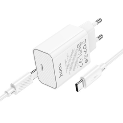 мережевий зарядний пристрій hoco c143a 1type-c/20w/pd + (type-c - type-c) (білий) 