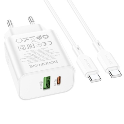 мережевий зарядний пристрій borofone ba88a 1usb/18w/qc3.0 + 1type-c/20w/pd + (type-c - type-c) (білий) 