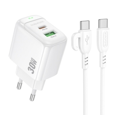 мережевий зарядний пристрій borofone bas45a 1usb/18w/qc3.0 + 1type-c/30w/pd + (type-c - type-c) (білий) 