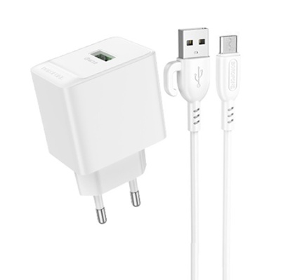 мережевий зарядний пристрій borofone bas12a 1usb/18w/qc3.0 + (usb - microusb) (білий) 