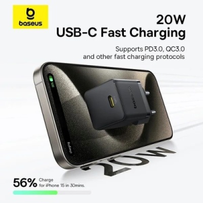 мережевий зарядний пристрій baseus palm fast charger (e0116401) 1type-c/20w/pd +(type-c - lightning 20w) (чорний) 