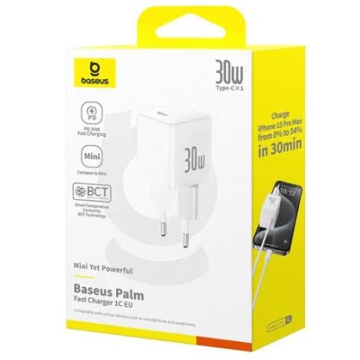 мережевий зарядний пристрій baseus palm fast charger (p10111605213-00) 1type-c/30w/pd (білий) 