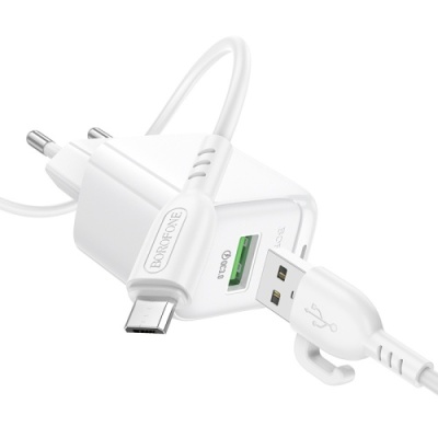 мережевий зарядний пристрій borofone bas42a 1usb/18w/qc3.0 + (usb - microusb) (білий) 