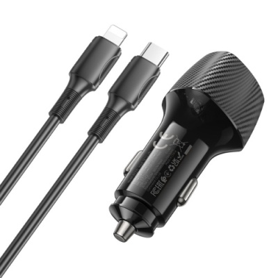 Автомобільний Зарядний Пристрій Borofone BZ31D 2Type-C/60W/PD + (Type-C - Lightning) (Чорний)