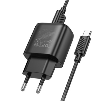 мережевий зарядний пристрій hoco c141a smart dual-port charger set 2usb/2.1a + (usb - type-c) (чорний) 