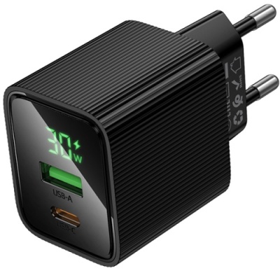 мережевий зарядний пристрій hoco cs84a 1usb/18w/qc3.0 + 1type-c/30w/pd (чорний) 