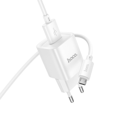 мережевий зарядний пристрій hoco c145a 1usb/18w/qc3.0 + (usb - microusb) (білий) 