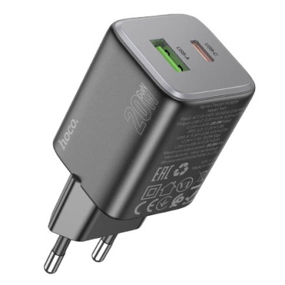 мережевий зарядний пристрій hoco n41 1usb/18w/qc3.0 + 1type-c/20w/pd (чорний) 