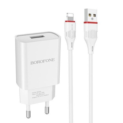 мережевий зарядний пристрій borofone ba20a 1usb/2.1a + (usb - lightning) (білий) 