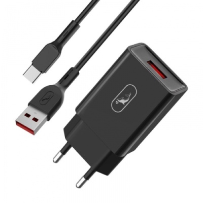 мережевий зарядний пристрій skydolphin sc36t 1usb/2.4a + (usb - type-c) (чорний) 