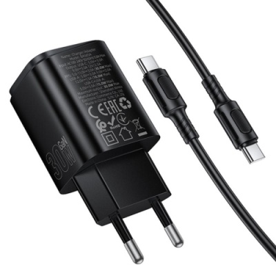 мережевий зарядний пристрій borofone bas85a pd30w + qc3.0 (1usb/1type-c/3a) + type-c - type-c (чорний) 