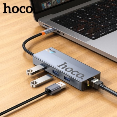 usb hub hoco hb51 type-c 6-in-1 (hdtv+rj45-100mbps+pd+usb3.0*3) (сірий) 