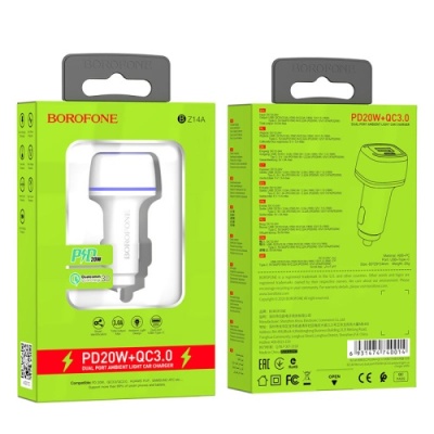 Автомобільний Зарядний Пристрій Borofone BZ14A 1USB/18W/QC3.0 + 1Type-C/20W/PD (Білий)