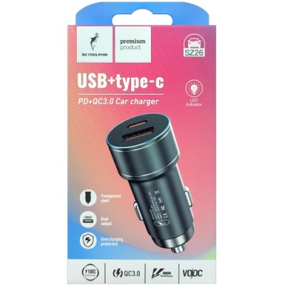 Автомобільний Зарядний Пристрій SkyDolphin SZ26 1USB/20W/QC3.0 + 1Type-C/20W/PD (Сірий)