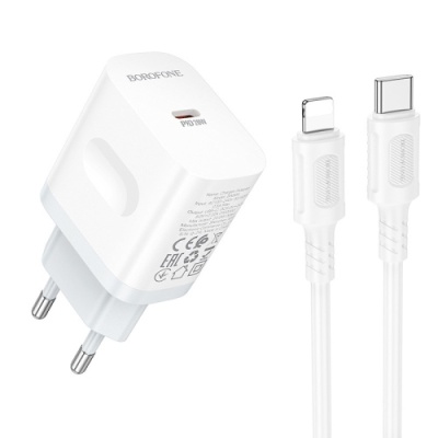 мережевий зарядний пристрій borofone ba99a 1type-c/20w/pd + (type-c - lightning) (білий) 