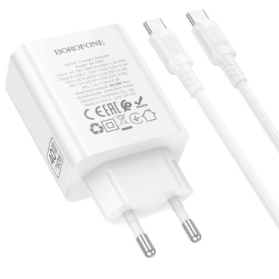 мережевий зарядний пристрій borofone ba109a pd40w (1type-c) + type-c - type-c (білий) 