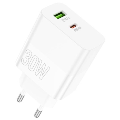 мережевий зарядний пристрій borofone ba75a powerfull 1usb/18w/qc3.0 + 1type-c/30w/pd (бiлий) 