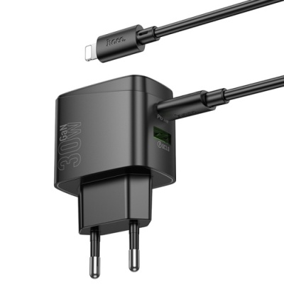 мережевий зарядний пристрій hoco cs61a 1usb/18w/qc3.0 + 1type-c/30w/pd + (type-c - lightning) (чорний) 