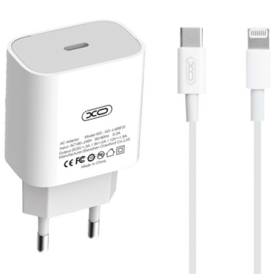 мережевий зарядний пристрій xo l40 1type-c/18w/pd + (type-c - lightning) (бiлий) 