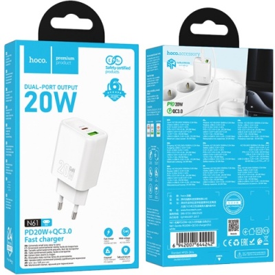 мережевий зарядний пристрій hoco n61 1usb/18w/qc3.0 + 1type-c/20w/pd (білий) 
