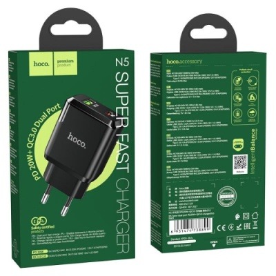 мережевий зарядний пристрій hoco n5 1usb/18w/qc3.0 + 1type-c/20w/pd (чорний) 