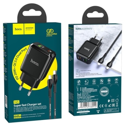 мережевий зарядний пристрій hoco n5 1usb/18w/qc3.0 + 1type-c/20w/pd + (type-c - lightning) (чорний) 