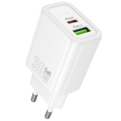 мережевий зарядний пристрій hoco n63 1usb/18w/qc3.0 + 1type-c/30w/pd (білий) 
