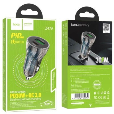 Автомобільний Зарядний Пристрій Hoco Z47A Transparent 1USB/18W/QC3.0 + 1Type-C/30W/PD (Прозорий чорний)
