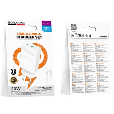 мережевий зарядний пристрій borofone bas76a 1usb/18w/qc3.0 + 1type-c/30w/pd + (type-c - type-c) (білий) 