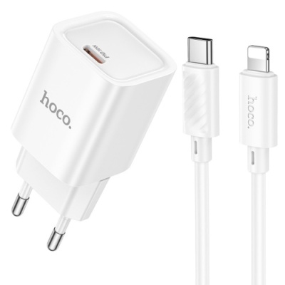 мережевий зарядний пристрій hoco c148a 1type-c/30w/pd + (type-c - lightning) (бiлий) 