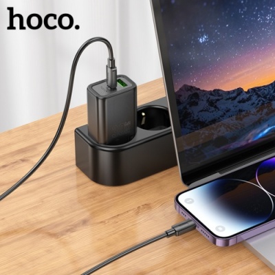 мережевий зарядний пристрій hoco n63 1usb/18w/qc3.0 + 1type-c/30w/pd + (type-c - lightning) (чорний) 
