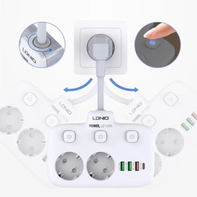 мережевий подовжувач ldnio se2435 2 eu ports /1 pd/1 qc/2 auto id (білий) 