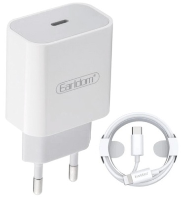 мережевий зарядний пристрій earldom es-kc23c-l 1type-c/18w/pd + (type-c - lightning) (білий) 